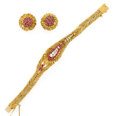 Lot 1215 - Gold, Ruby, and Diamond Bracelet and Pair of Earrings