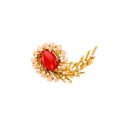 Lot 1217 - Gold, Coral, Angel Skin Coral and Diamond Brooch