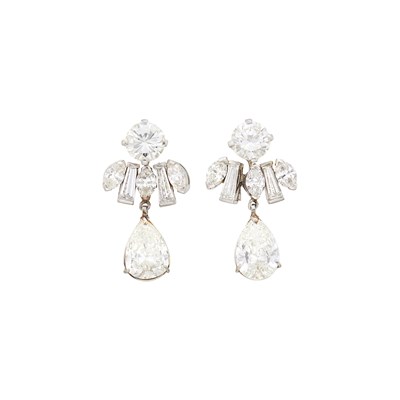 Lot Pair of Platinum and Diamond Pendant-Earrings