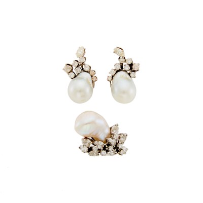 Lot 1226 - White Gold, Baroque Cultured Pearl and Diamond Ring and Pair of Earrings