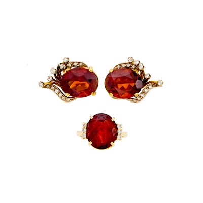 Lot 1230 - Pair of Two-Color Gold, Garnet and Diamond Earclips and Ring
