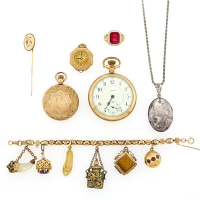 Lot 1243 - Group of Gold, Low Karat Gold, Gold-Filled, Silver and Gilt-Metal Jewelry and Pocket Watches