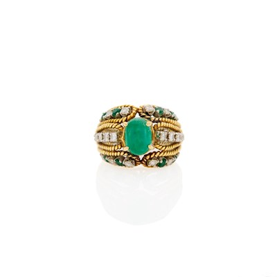 Lot 1213 - Two-Color Gold, Cabochon Emerald, Emerald and Diamond Ring
