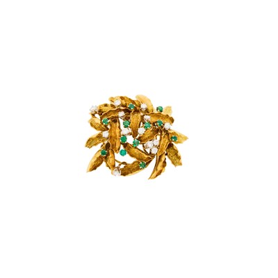 Lot 1211 - Two-Color Gold, Emerald and Diamond Brooch