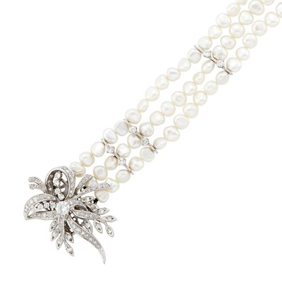 Lot 1227 - Multistrand White Gold, Freshwater Pearl and Diamond Bracelet
