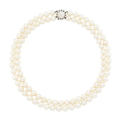 Lot 1228 - Double Strand Cultured Pearl Necklace with White Gold, Mabé Pearl and Diamond Clasp