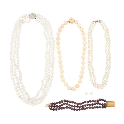 Lot 1242 - Group of Coral, Garnet Bead, Freshwater and Cultured Pearl Necklaces with White Gold and Gold Clasps