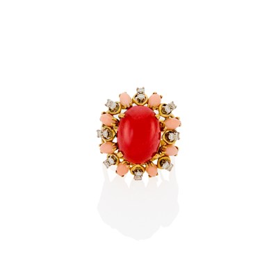 Lot 1216 - Two-Color Gold, Coral, Angel Skin Coral and Diamond Ring