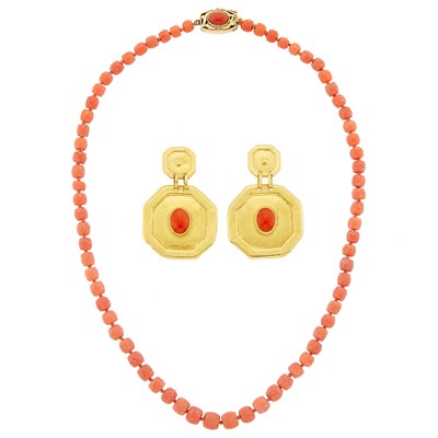 Lot 1241 - Pair of Gold and Coral Pendant-Earrings and Coral Bead Necklace with Gold Clasp