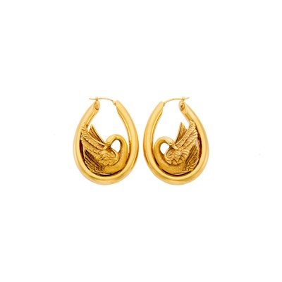 Lot 1240 - Pair of Gold Swan Hoop Earrings