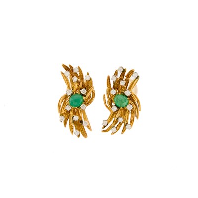 Lot 1212 - Pair of Two-Color Gold, Cabochon Emerald and Diamond Earrings