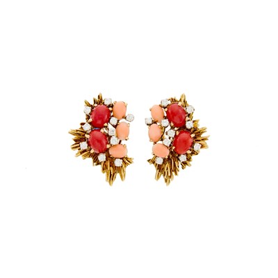 Lot 1218 - Pair of Gold, Coral, Angel Skin Coral and Diamond Earrings