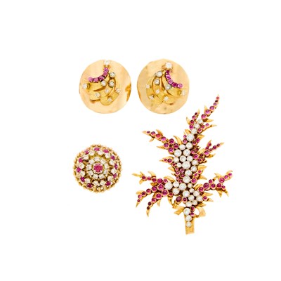 Lot 1214 - Two-Color Gold, Cabochon Ruby and Diamond Brooch, Pair of Ruby and Diamond Earrings and Ring