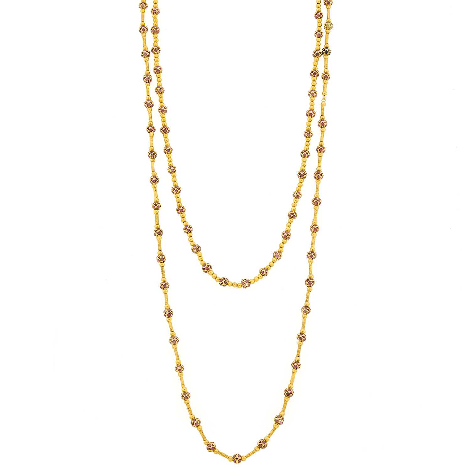 Lot 1252 - Two Gold, Ruby and Sapphire Bead Necklaces