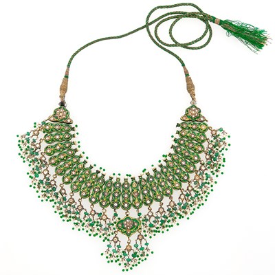 Lot 1255 - Indian Gold, Enamel, White Sapphire Emerald Bead and Seed Pearl Fringe Necklace