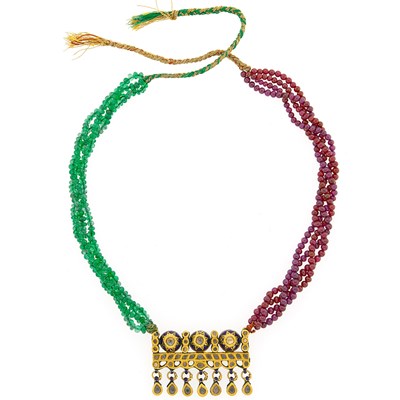 Lot 1253 - Indian Gold, Enamel, Ruby and Emerald Bead Multistrand Necklace