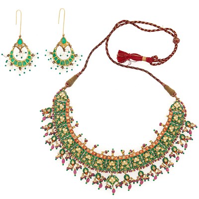 Lot 1256 - Indian Gold, Enamel, White Sapphire, Ruby and Emerald Bead Fringe Necklace and Pair of Pendant-Earrings