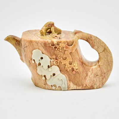 Lot 114 - A Chinese Relief-Carved Soapstone Teapot and Cover