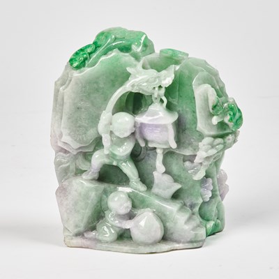 Lot 58 - A Chinese Relief-Carved Jadeite Boulder with Boys Holding a Lantern and a Peach