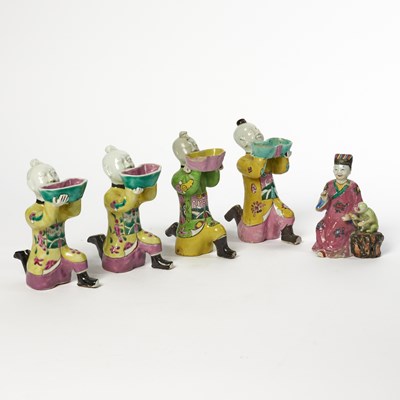 Lot 259 - Four Chinese Enameled Porcelain Laughing Boys and One Figural Group