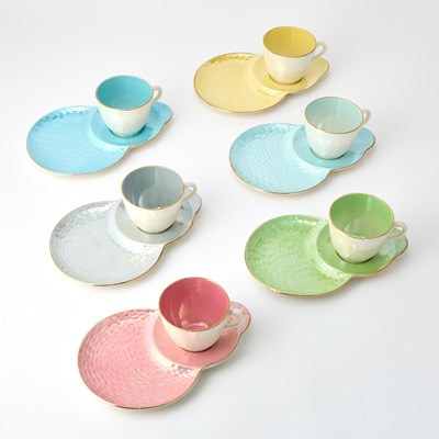 Lot 3304 - Set of Six English Iridescent Glazed Porcelain Cups and Saucers