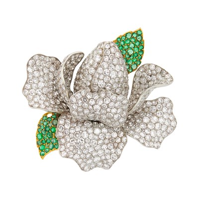 Lot 173 - Two-Color Gold, Diamond and Emerald Flower Brooch