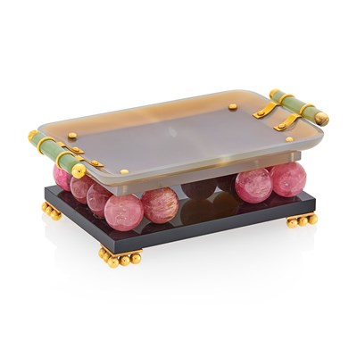 Lot 157 - Verger Frères for Ostertag Carved Agate, Jade, Pink Tourmaline Bead, Black Onyx and Gold Tray, France
