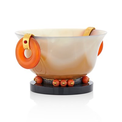 Lot 158 - Verger Frères Carved Agate, Carnelian, Coral, Black Onyx, Red Enamel and Gold Cup, France