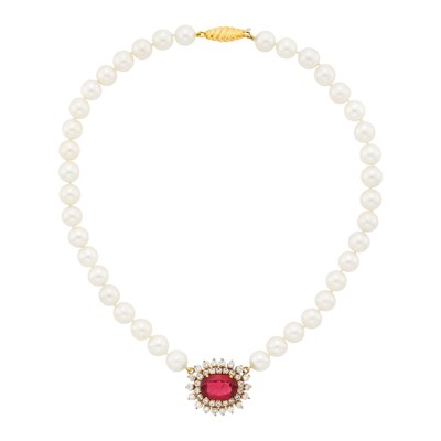 Lot 14 - Cultured Pearl, Gold, Rubellite and Diamond Pendant-Necklace