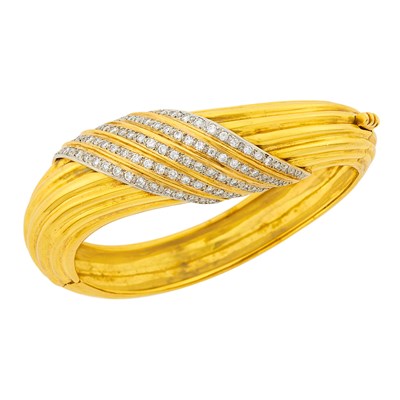 Lot 87 - Two-Color Fluted Gold and Diamond Bangle Bracelet