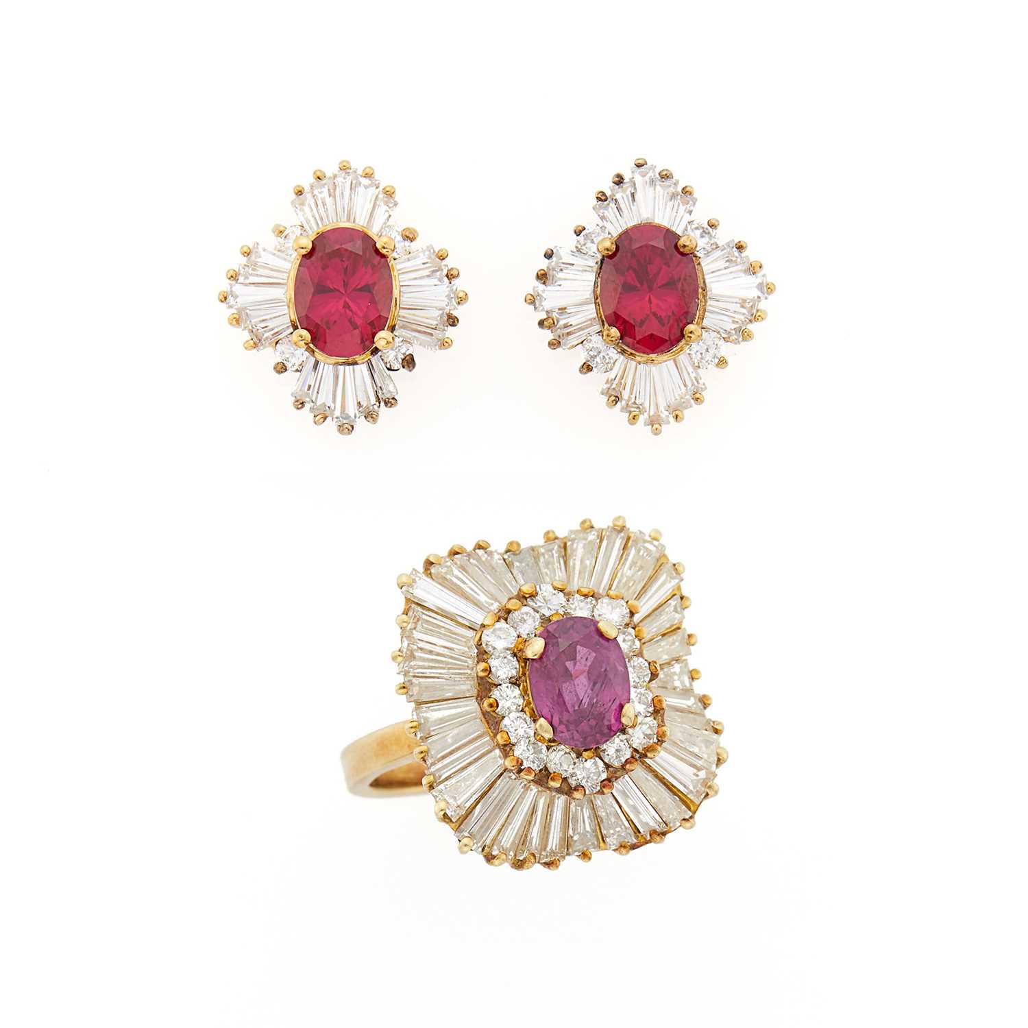 Lot 1243 - Gold, Ruby and Diamond Ring and Pair of Gilt-Metal, Synthetic Ruby and Cubic Zirconia Earrings