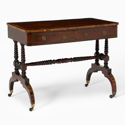 Lot 445 - Regency Calamander Banded Mahogany Part-Ebonized Brass-Inlaid Sofa Table