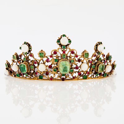 Lot 1333 - Gilt-Metal, Green and Red Stone, and Freshwater Pearl Tiara