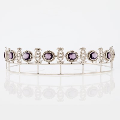 Lot 1338 - White Metal, Amethyst and Diamond Tiara