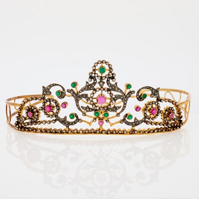 Lot 1317 - Silver-Gilt, Diamond and Synthetic Ruby and Emerald Tiara