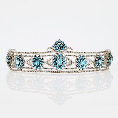 Lot 1339 - White Metal, Blue Stone and Diamond Tiara