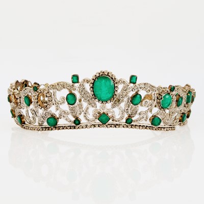 Lot 1315 - White Metal, Synthetic Emeralds and Diamond Tiara