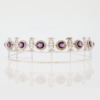 Lot 1330 - White Metal, Purple Glass and Diamond Tiara