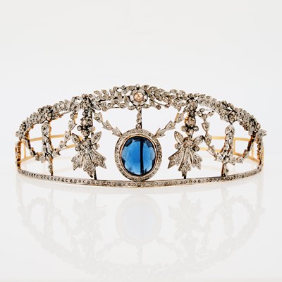 Lot 1320 - Metal, Blue Glass, Simulated Stone and Diamond Tiara