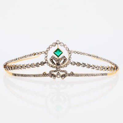 Lot 1326 - Gilt-Metal, Green Glass and Diamond Tiara