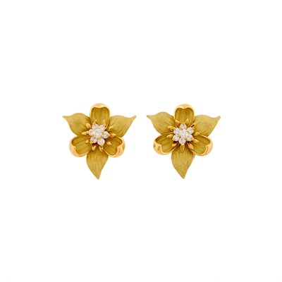 Lot 1007 - Pair of Gold and Diamond Flower Earclips