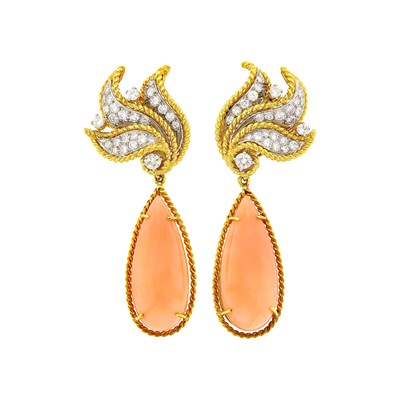 Lot 74 - Pair of Two-Color Gold, Diamond and Angel Skin Coral Pendant-Earclips