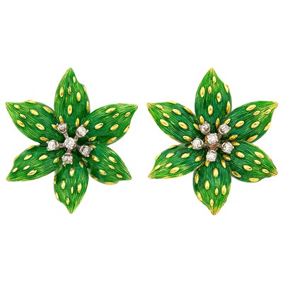 Lot 52 - Pair of Gold, Green Enamel and Diamond Flower Earclips