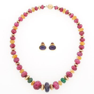 Lot 1234 - Gold and Colored Stone Bead Necklace and Pair of Earrings
