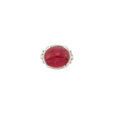 Lot 1100 - Platinum, Cabochon Ruby and Diamond Ring