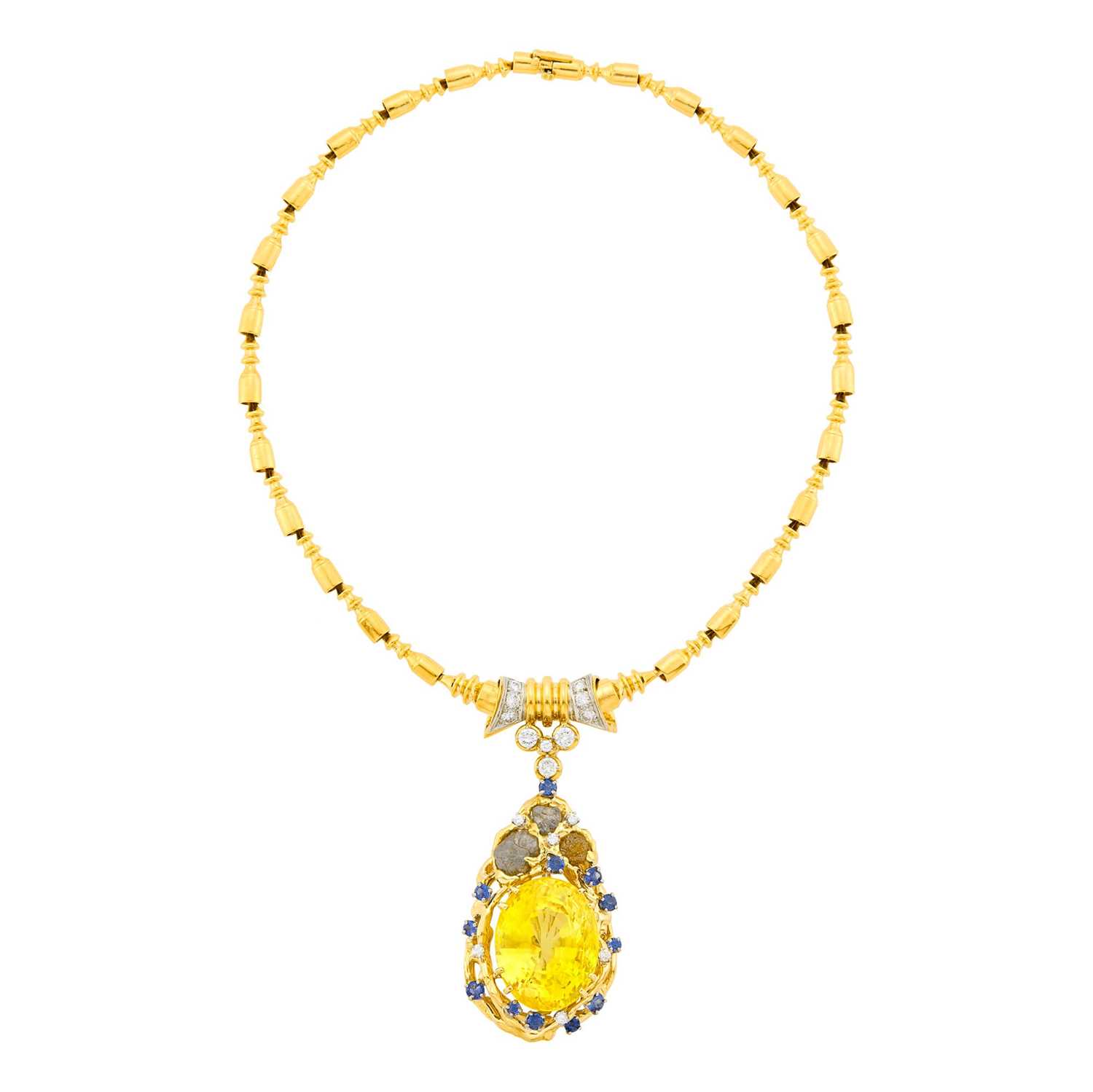 Lot 56 - Peter Lindeman Two-Color Gold, Yellow Sapphire, Diamond, Rough Colored Diamond and Sapphire Pendant-Necklace