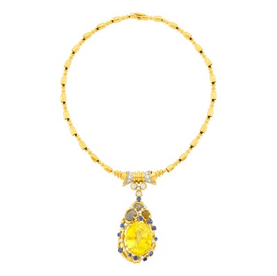 Lot 56 - Peter Lindeman Two-Color Gold, Yellow Sapphire, Diamond, Rough Colored Diamond and Sapphire Pendant-Necklace