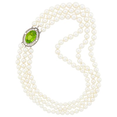 Lot 134 - Triple Strand Cultured Pearl Necklace with Platinum, Peridot, Diamond and Button Pearl Clasp