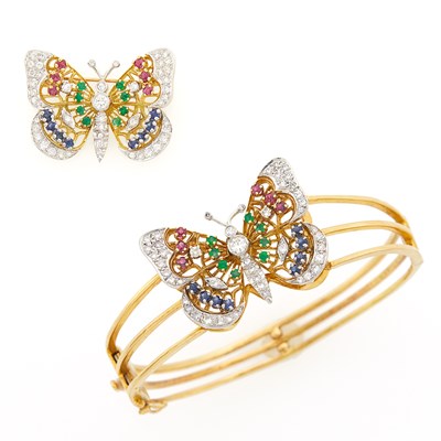Lot 1048 - Gold, Platinum, Colored Stone and Diamond Butterfly Bangle and Brooch