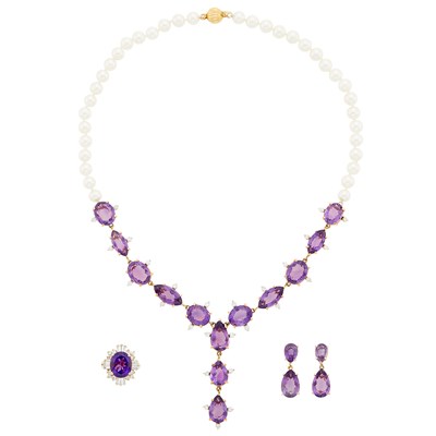 Lot 1065 - Group of Gold, Amethyst and Cultured Pearl Jewelry
